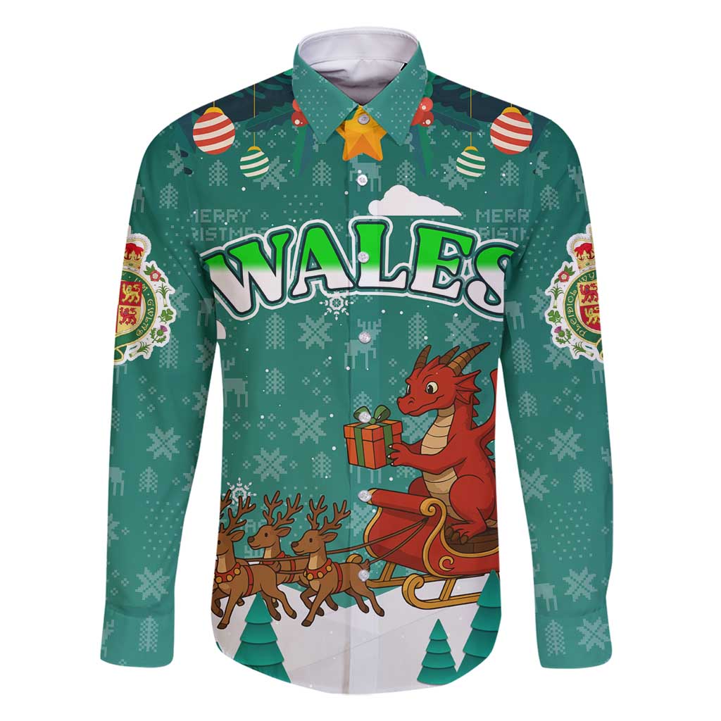 Wales Christmas Family Matching Mermaid Dress and Hawaiian Shirt with Red Dragon Santa Sleigh and Festive Green Snowflake - Wonder Print Shop