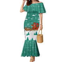 Wales Christmas Family Matching Mermaid Dress and Hawaiian Shirt with Red Dragon Santa Sleigh and Festive Green Snowflake - Wonder Print Shop