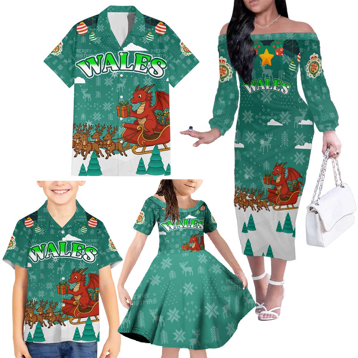 Wales Christmas Family Matching Off The Shoulder Long Sleeve Dress and Hawaiian Shirt with Red Dragon Santa Sleigh and Festive Green Snowflake - Wonder Print Shop