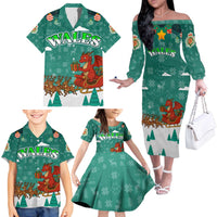Wales Christmas Family Matching Off The Shoulder Long Sleeve Dress and Hawaiian Shirt with Red Dragon Santa Sleigh and Festive Green Snowflake - Wonder Print Shop