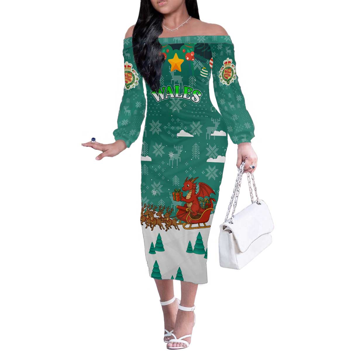 Wales Christmas Family Matching Off The Shoulder Long Sleeve Dress and Hawaiian Shirt with Red Dragon Santa Sleigh and Festive Green Snowflake - Wonder Print Shop