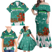 Wales Christmas Family Matching Off Shoulder Maxi Dress and Hawaiian Shirt with Red Dragon Santa Sleigh and Festive Green Snowflake - Wonder Print Shop