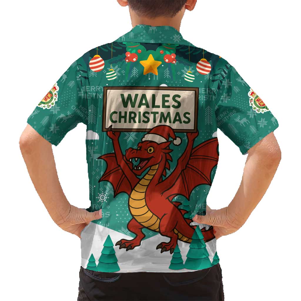 Wales Christmas Family Matching Off Shoulder Short Dress and Hawaiian Shirt with Red Dragon Santa Sleigh and Festive Green Snowflake - Wonder Print Shop