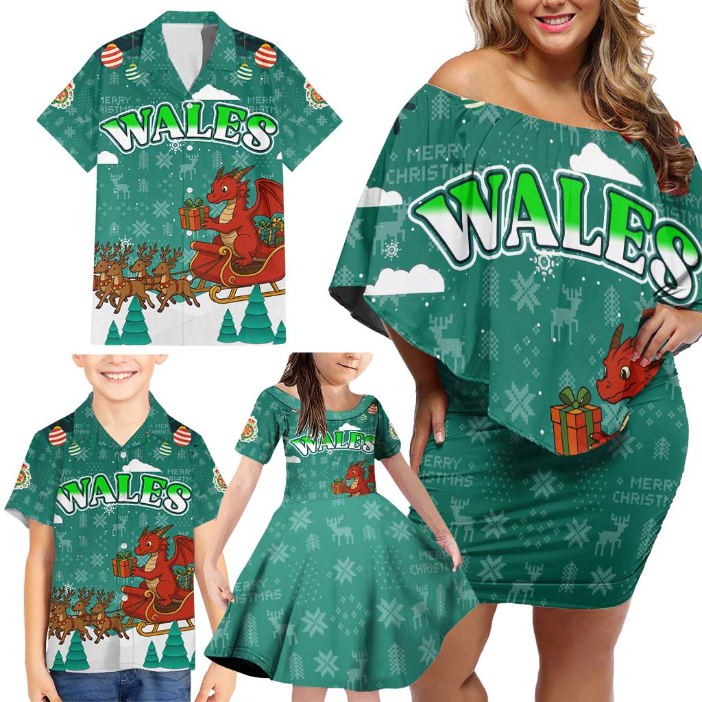 Wales Christmas Family Matching Off Shoulder Short Dress and Hawaiian Shirt with Red Dragon Santa Sleigh and Festive Green Snowflake - Wonder Print Shop