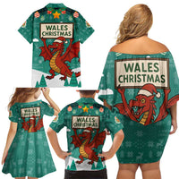 Wales Christmas Family Matching Off Shoulder Short Dress and Hawaiian Shirt with Red Dragon Santa Sleigh and Festive Green Snowflake - Wonder Print Shop