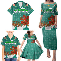 Wales Christmas Family Matching Puletasi and Hawaiian Shirt with Red Dragon Santa Sleigh and Festive Green Snowflake - Wonder Print Shop