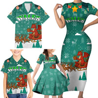Wales Christmas Family Matching Short Sleeve Bodycon Dress and Hawaiian Shirt with Red Dragon Santa Sleigh and Festive Green Snowflake - Wonder Print Shop