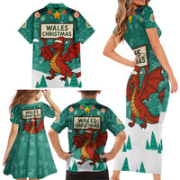 Wales Christmas Family Matching Short Sleeve Bodycon Dress and Hawaiian Shirt with Red Dragon Santa Sleigh and Festive Green Snowflake - Wonder Print Shop