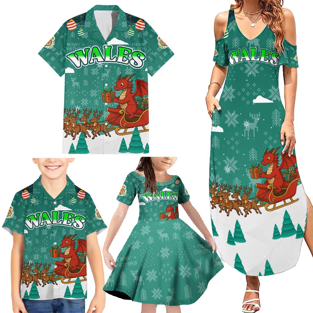 Wales Christmas Family Matching Summer Maxi Dress and Hawaiian Shirt with Red Dragon Santa Sleigh and Festive Green Snowflake - Wonder Print Shop