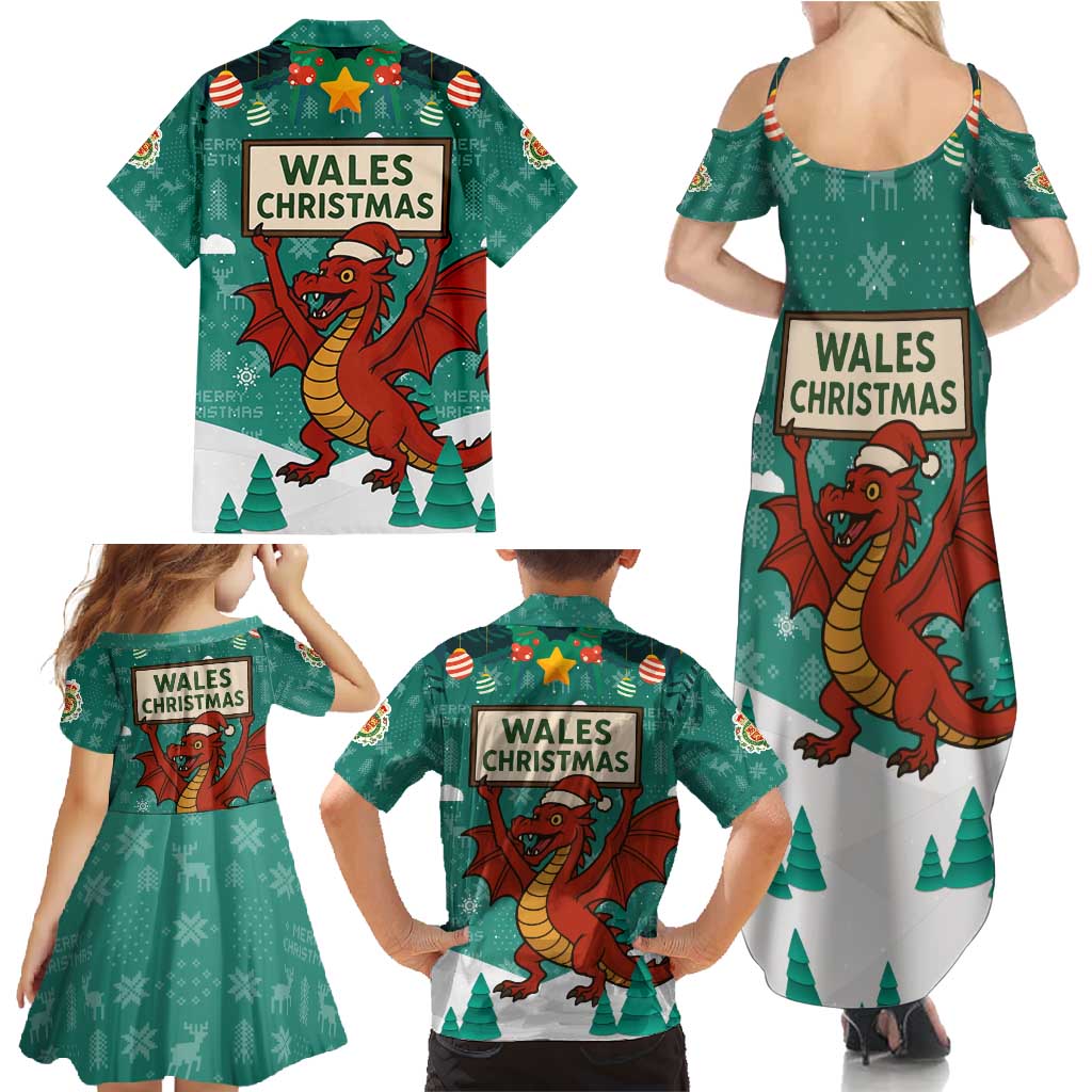 Wales Christmas Family Matching Summer Maxi Dress and Hawaiian Shirt with Red Dragon Santa Sleigh and Festive Green Snowflake - Wonder Print Shop