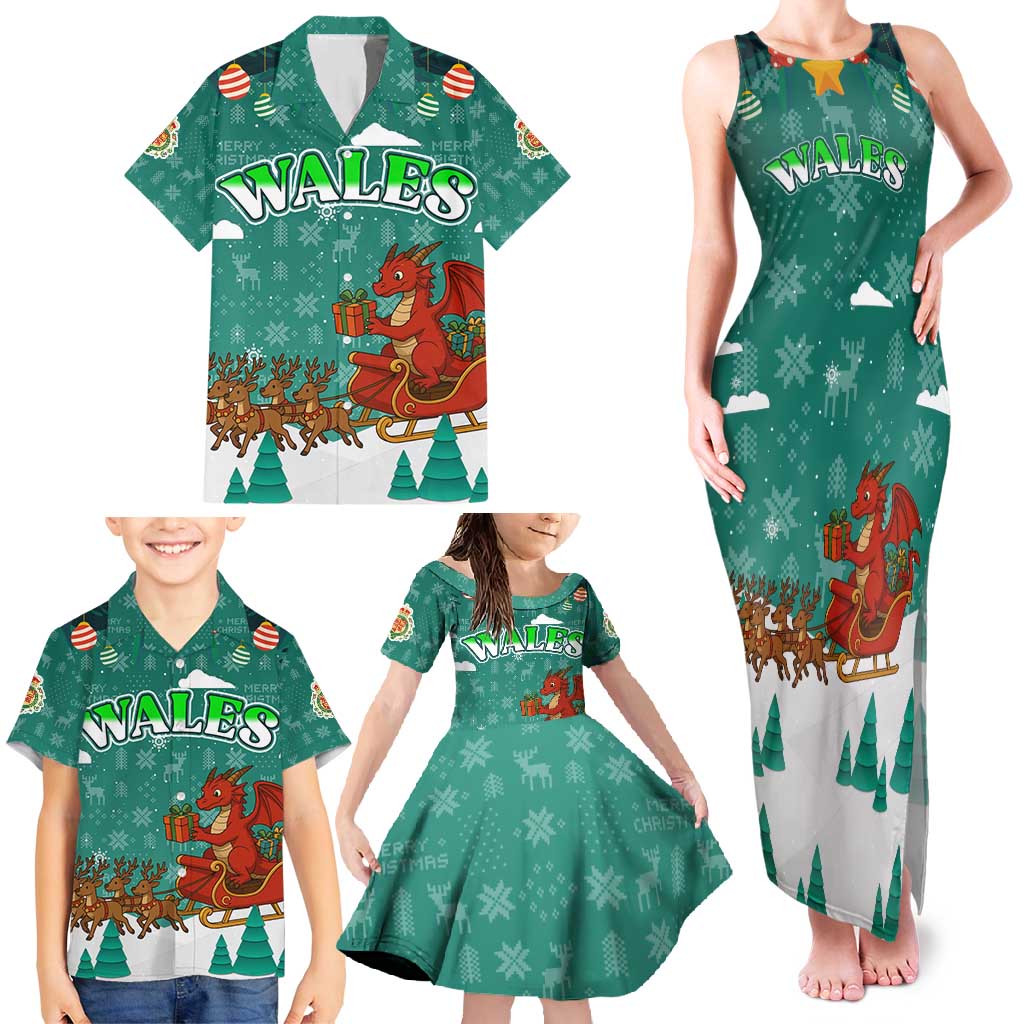 Wales Christmas Family Matching Tank Maxi Dress and Hawaiian Shirt with Red Dragon Santa Sleigh and Festive Green Snowflake - Wonder Print Shop