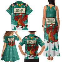 Wales Christmas Family Matching Tank Maxi Dress and Hawaiian Shirt with Red Dragon Santa Sleigh and Festive Green Snowflake - Wonder Print Shop