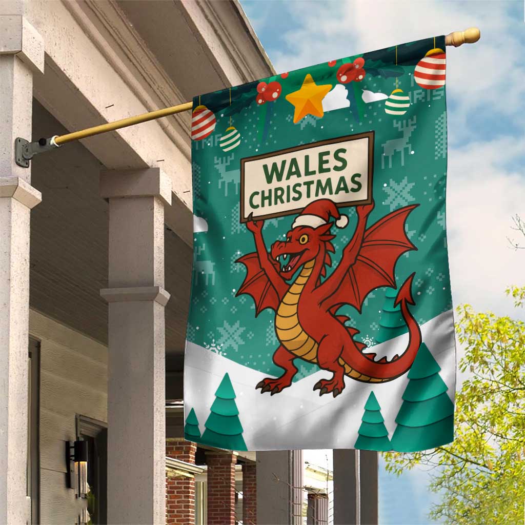 Wales Christmas Garden Flag with Red Dragon Santa Sleigh and Festive Green Snowflake - Wonder Print Shop