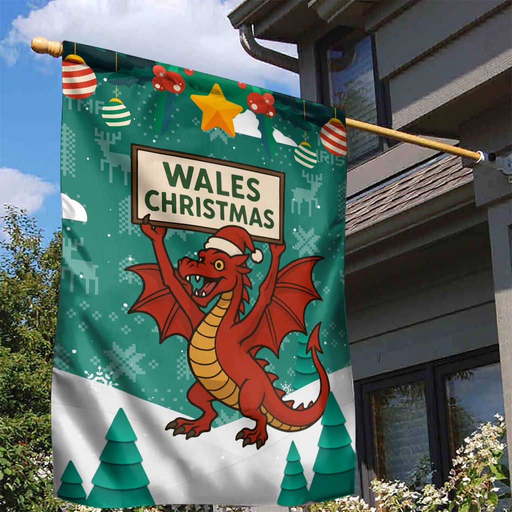 Wales Christmas Garden Flag with Red Dragon Santa Sleigh and Festive Green Snowflake - Wonder Print Shop