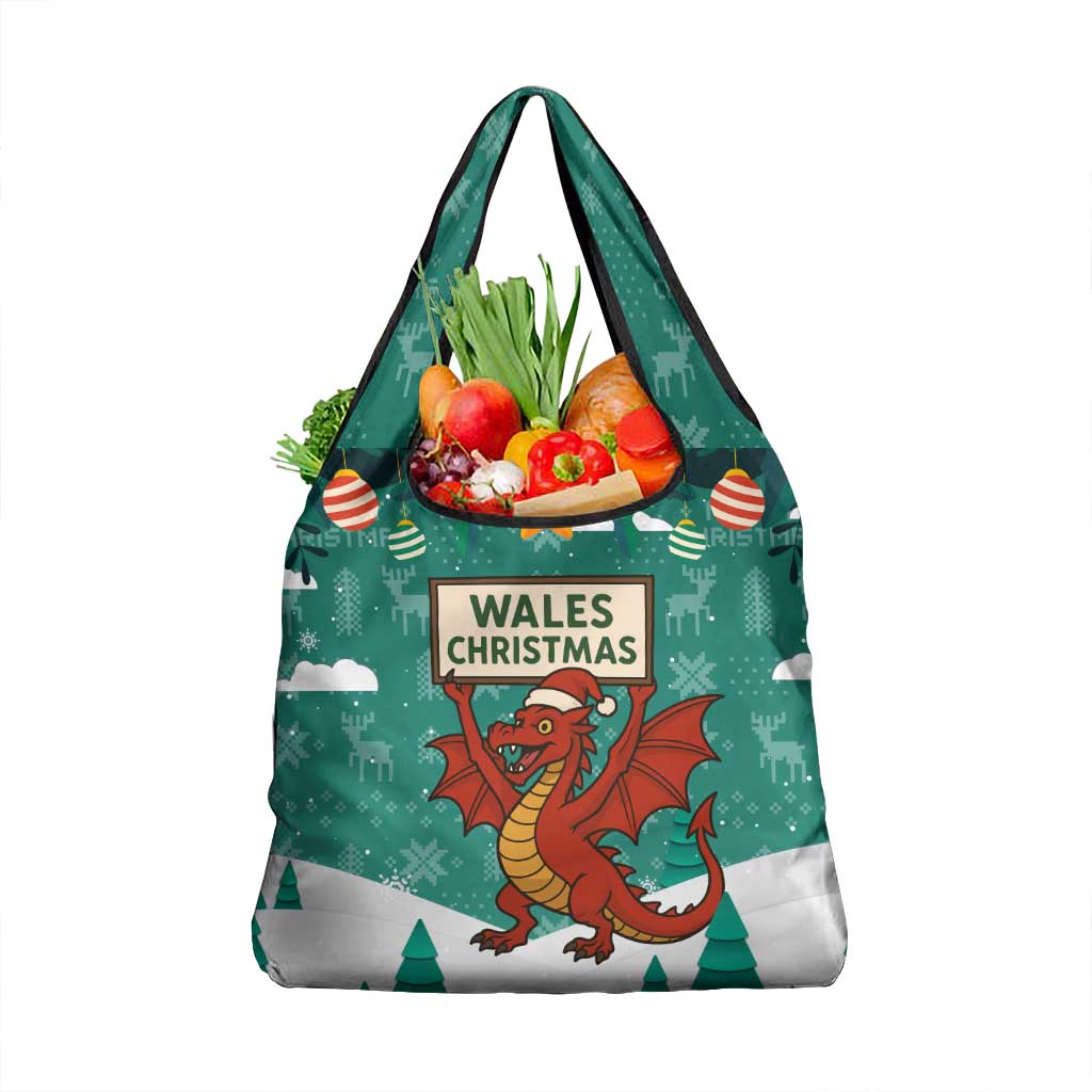 Wales Christmas Grocery Bag with Red Dragon Santa Sleigh and Festive Green Snowflake - Wonder Print Shop