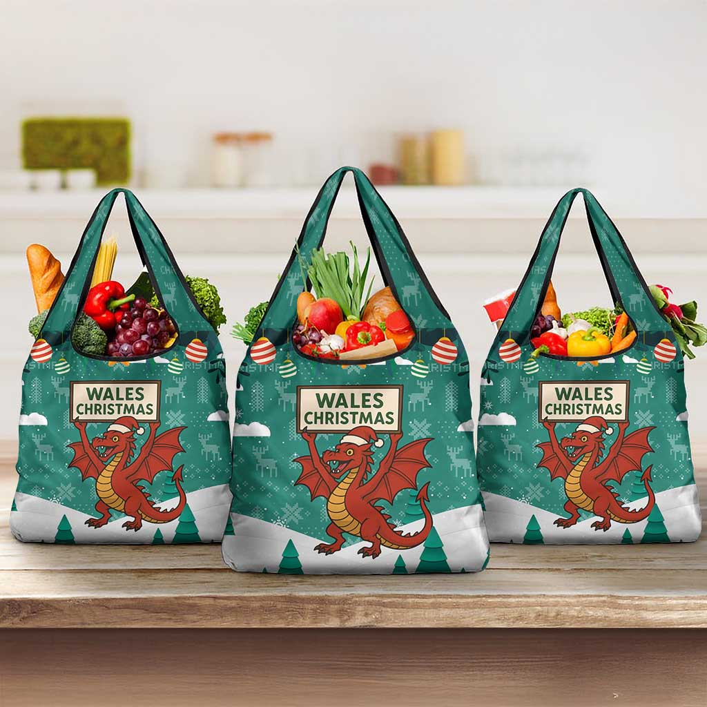 Wales Christmas Grocery Bag with Red Dragon Santa Sleigh and Festive Green Snowflake - Wonder Print Shop
