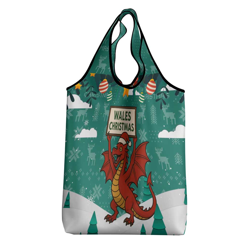 Wales Christmas Grocery Bag with Red Dragon Santa Sleigh and Festive Green Snowflake - Wonder Print Shop