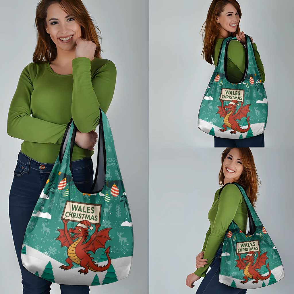 Wales Christmas Grocery Bag with Red Dragon Santa Sleigh and Festive Green Snowflake - Wonder Print Shop