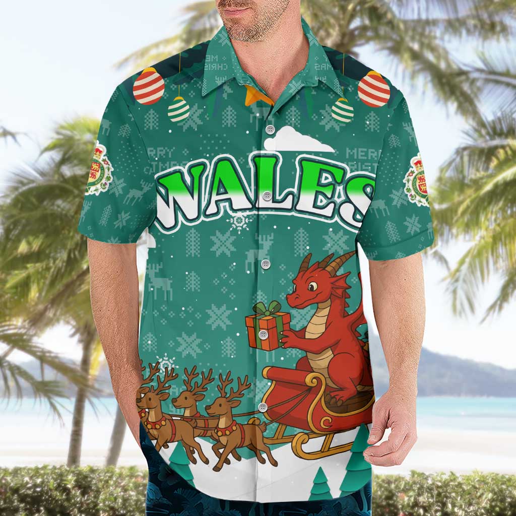 Wales Christmas Hawaiian Shirt with Red Dragon Santa Sleigh and Festive Green Snowflake - Wonder Print Shop