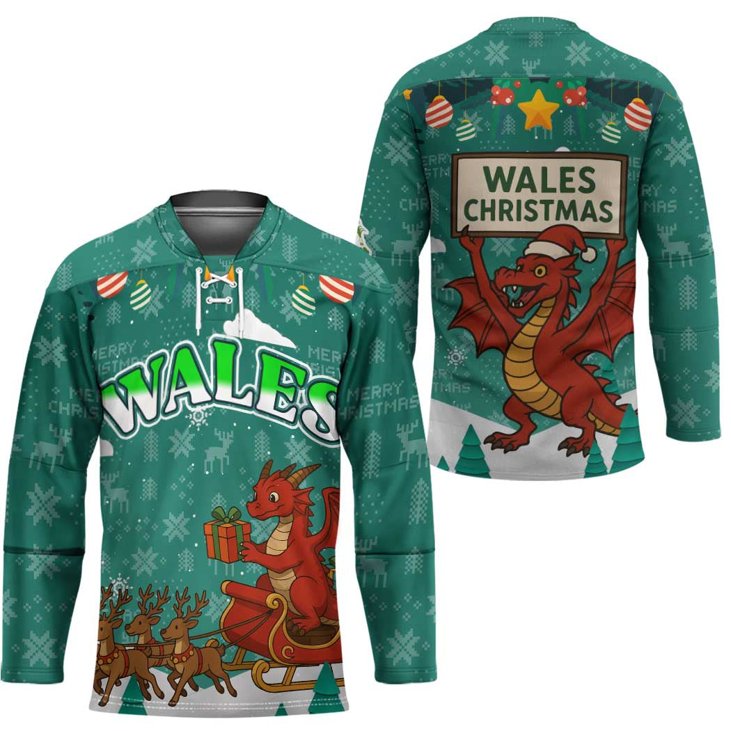 Wales Christmas Hockey Jersey with Red Dragon Santa Sleigh and Festive Green Snowflake - Wonder Print Shop