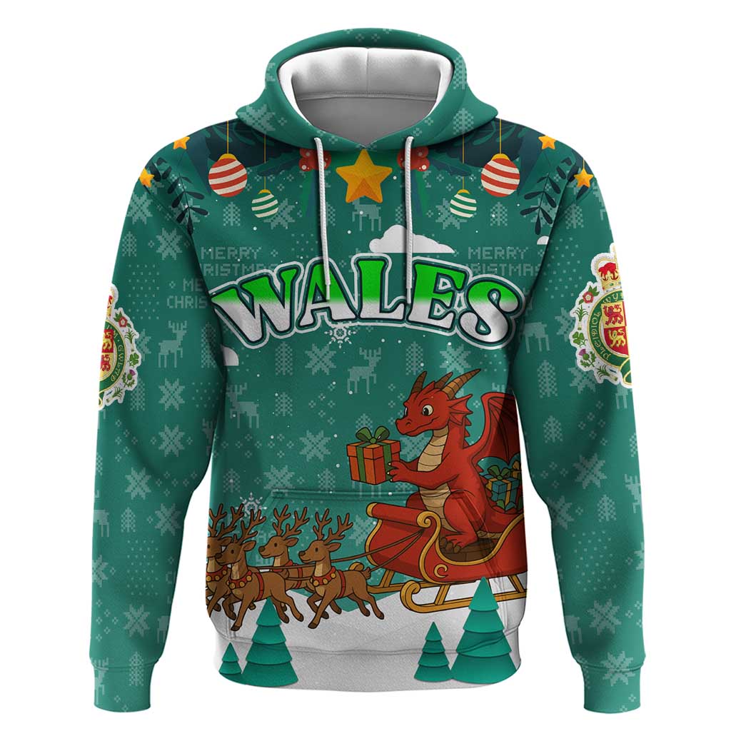 Wales Christmas Hoodie with Red Dragon Santa Sleigh and Festive Green Snowflake - Wonder Print Shop