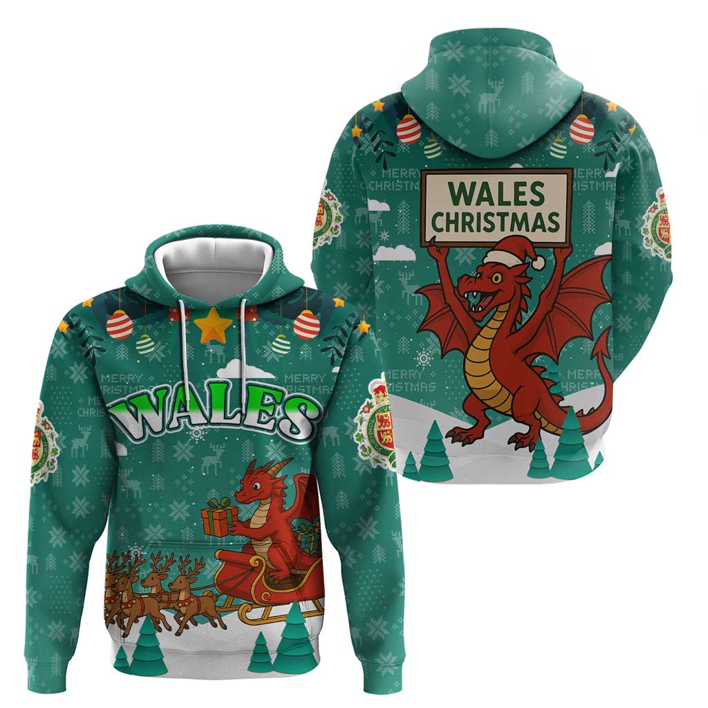 Wales Christmas Hoodie with Red Dragon Santa Sleigh and Festive Green Snowflake - Wonder Print Shop