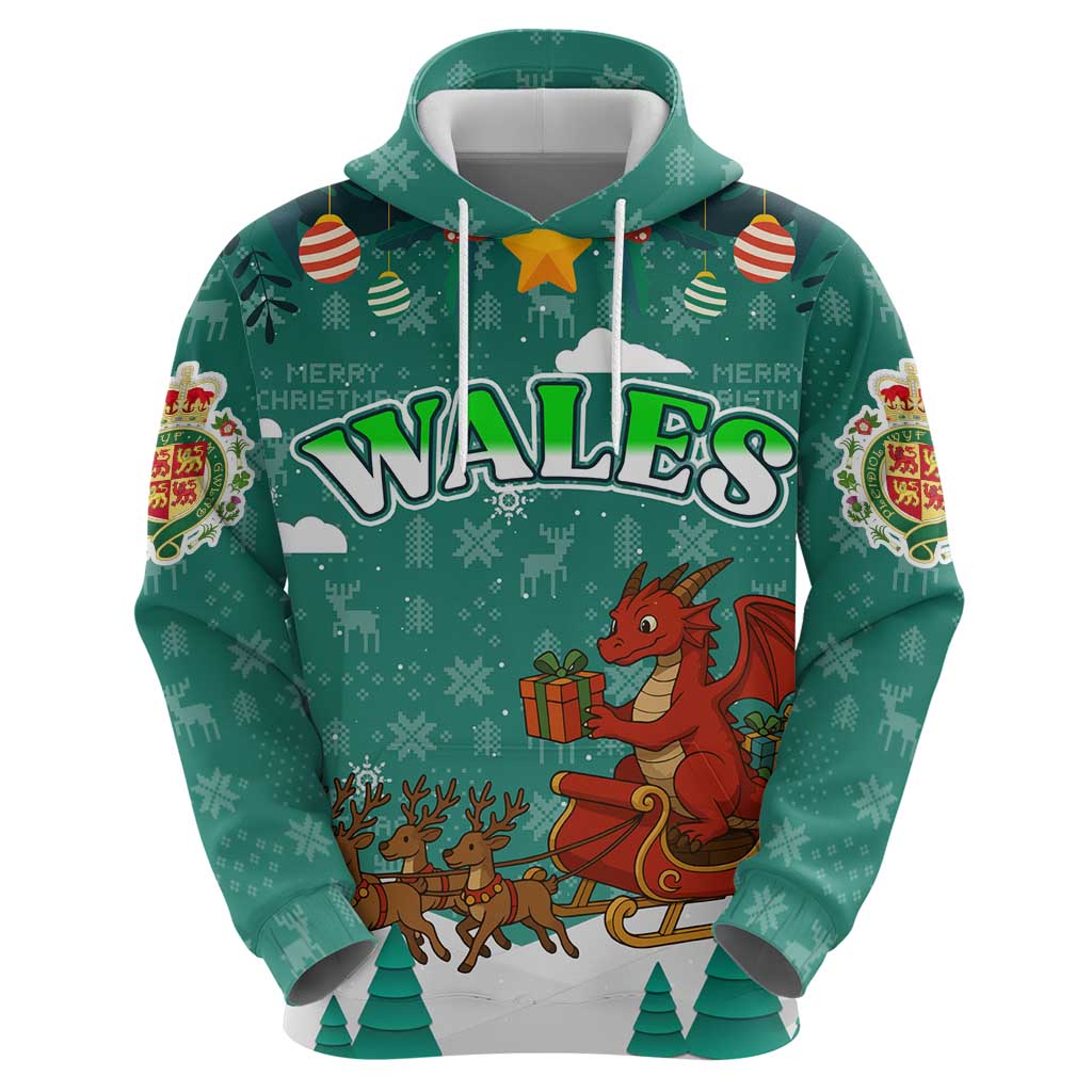 Wales Christmas Hoodie with Red Dragon Santa Sleigh and Festive Green Snowflake - Wonder Print Shop