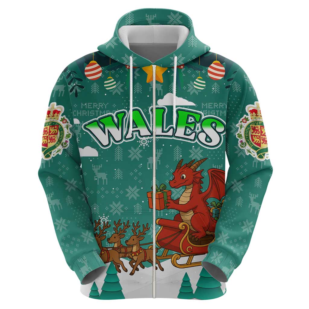 Wales Christmas Hoodie with Red Dragon Santa Sleigh and Festive Green Snowflake - Wonder Print Shop