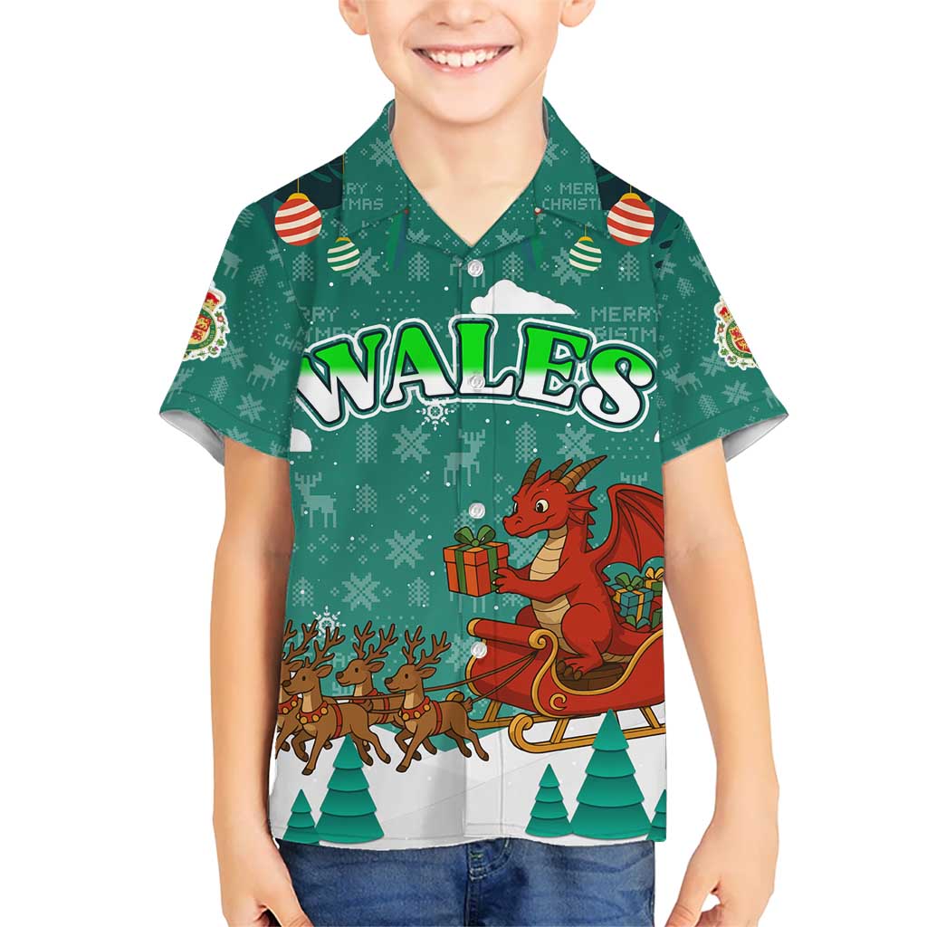 Wales Christmas Kid Hawaiian Shirt with Red Dragon Santa Sleigh and Festive Green Snowflake - Wonder Print Shop