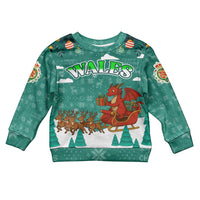Wales Christmas Kid Ugly Christmas Sweater with Red Dragon Santa Sleigh and Festive Green Snowflake - Wonder Print Shop