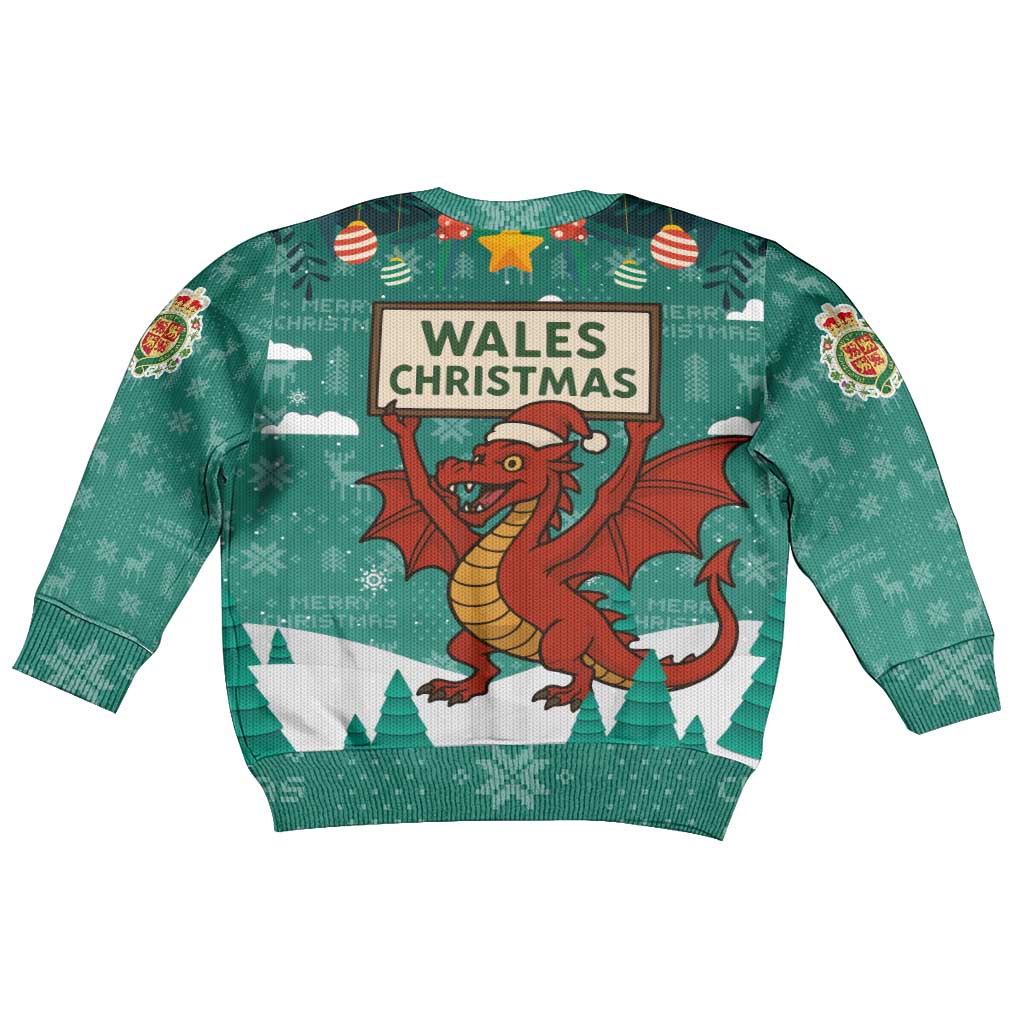 Wales Christmas Kid Ugly Christmas Sweater with Red Dragon Santa Sleigh and Festive Green Snowflake - Wonder Print Shop
