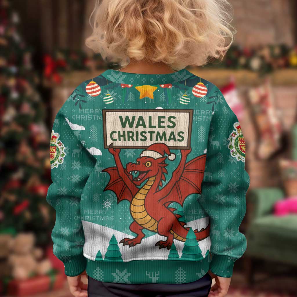 Wales Christmas Kid Ugly Christmas Sweater with Red Dragon Santa Sleigh and Festive Green Snowflake - Wonder Print Shop