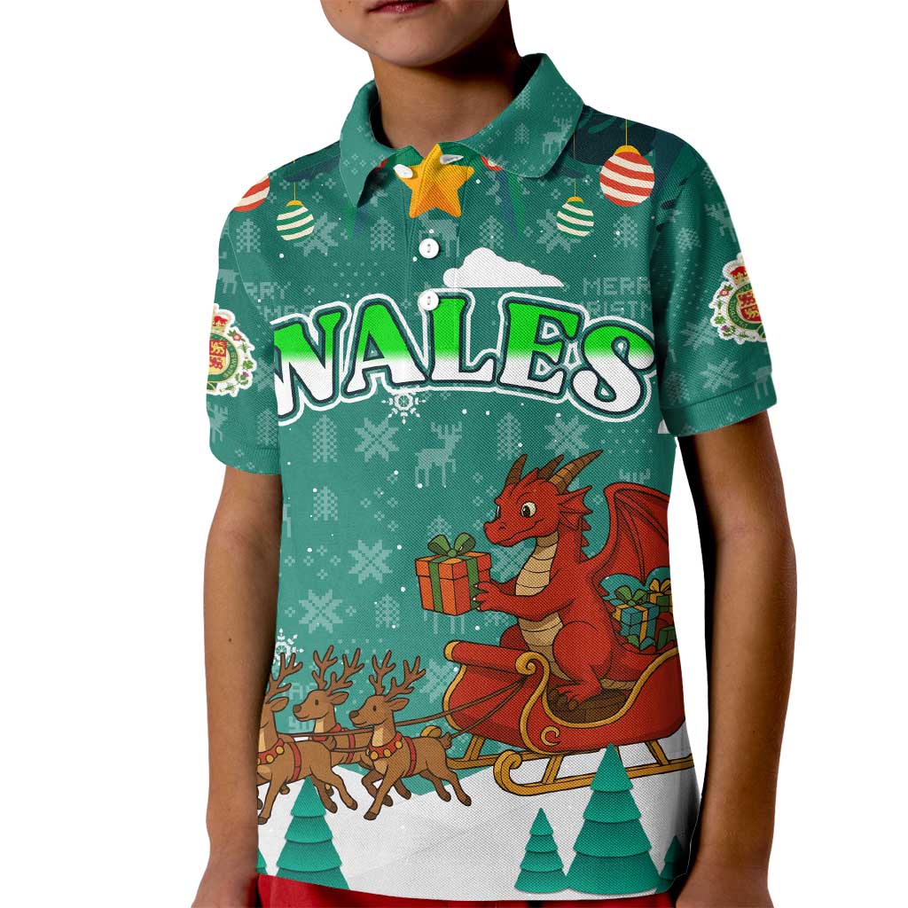 Wales Christmas Kid Polo Shirt with Red Dragon Santa Sleigh and Festive Green Snowflake - Wonder Print Shop