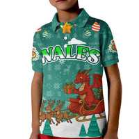 Wales Christmas Kid Polo Shirt with Red Dragon Santa Sleigh and Festive Green Snowflake - Wonder Print Shop