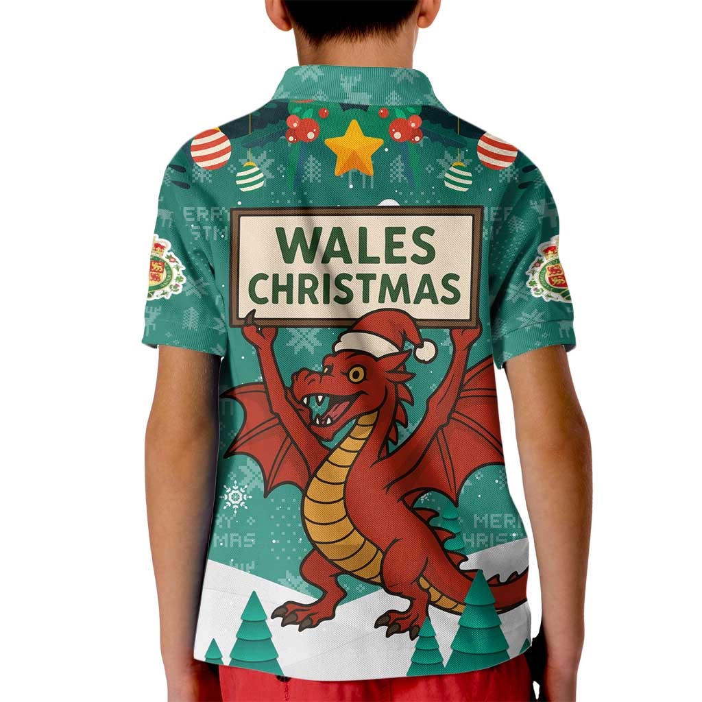 Wales Christmas Kid Polo Shirt with Red Dragon Santa Sleigh and Festive Green Snowflake - Wonder Print Shop