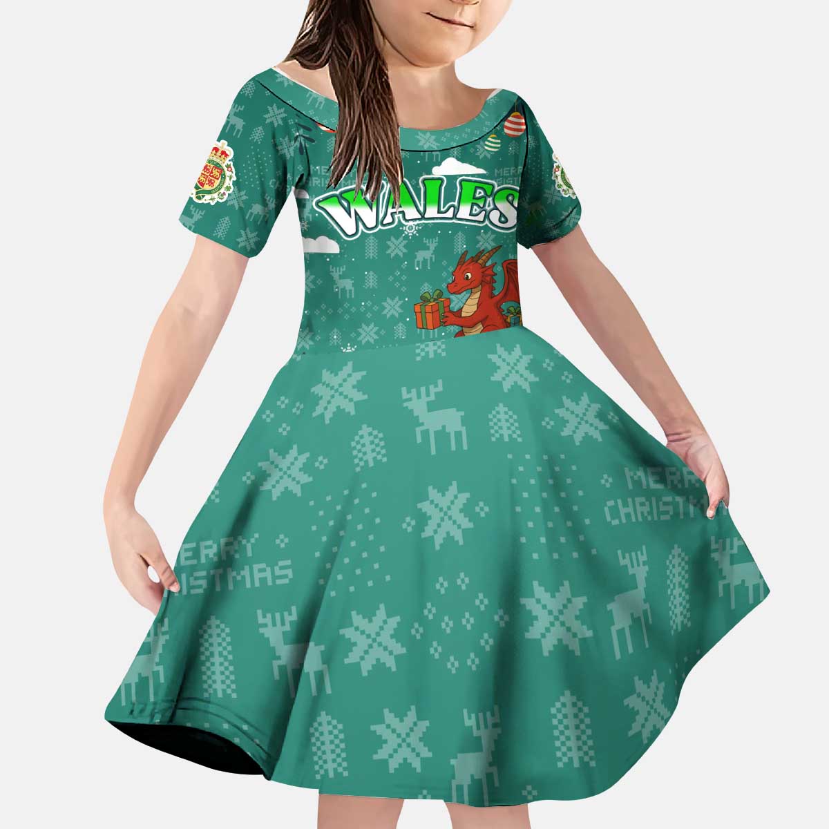 Wales Christmas Kid Short Sleeve Dress with Red Dragon Santa Sleigh and Festive Green Snowflake - Wonder Print Shop