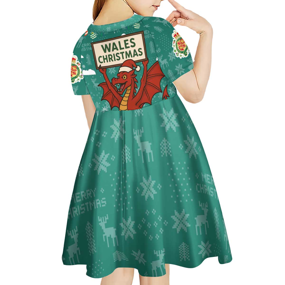 Wales Christmas Kid Short Sleeve Dress with Red Dragon Santa Sleigh and Festive Green Snowflake - Wonder Print Shop