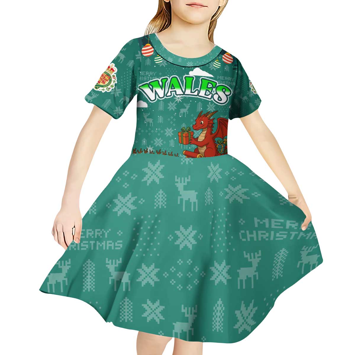 Wales Christmas Kid Short Sleeve Dress with Red Dragon Santa Sleigh and Festive Green Snowflake - Wonder Print Shop