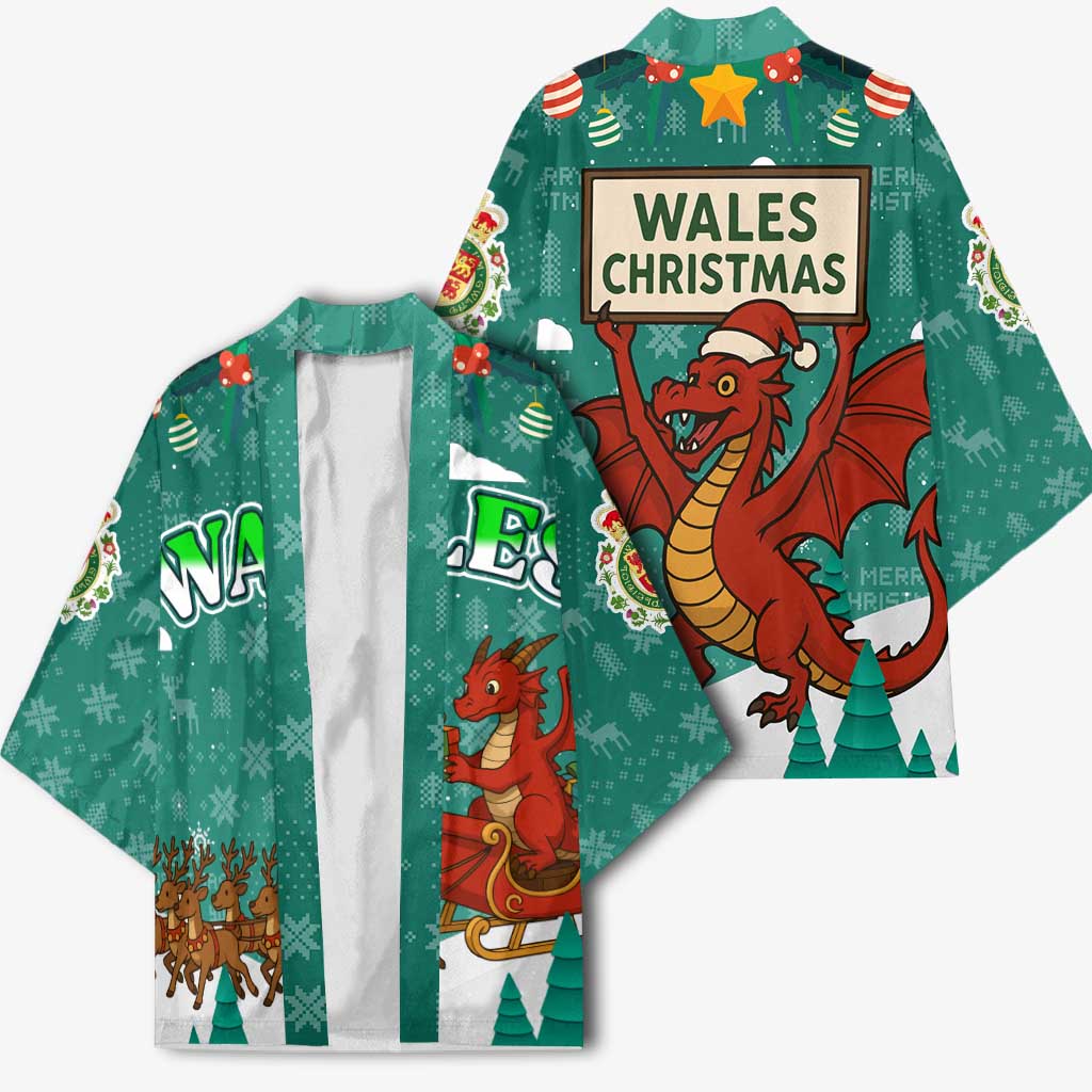 Wales Christmas Kimono with Red Dragon Santa Sleigh and Festive Green Snowflake - Wonder Print Shop