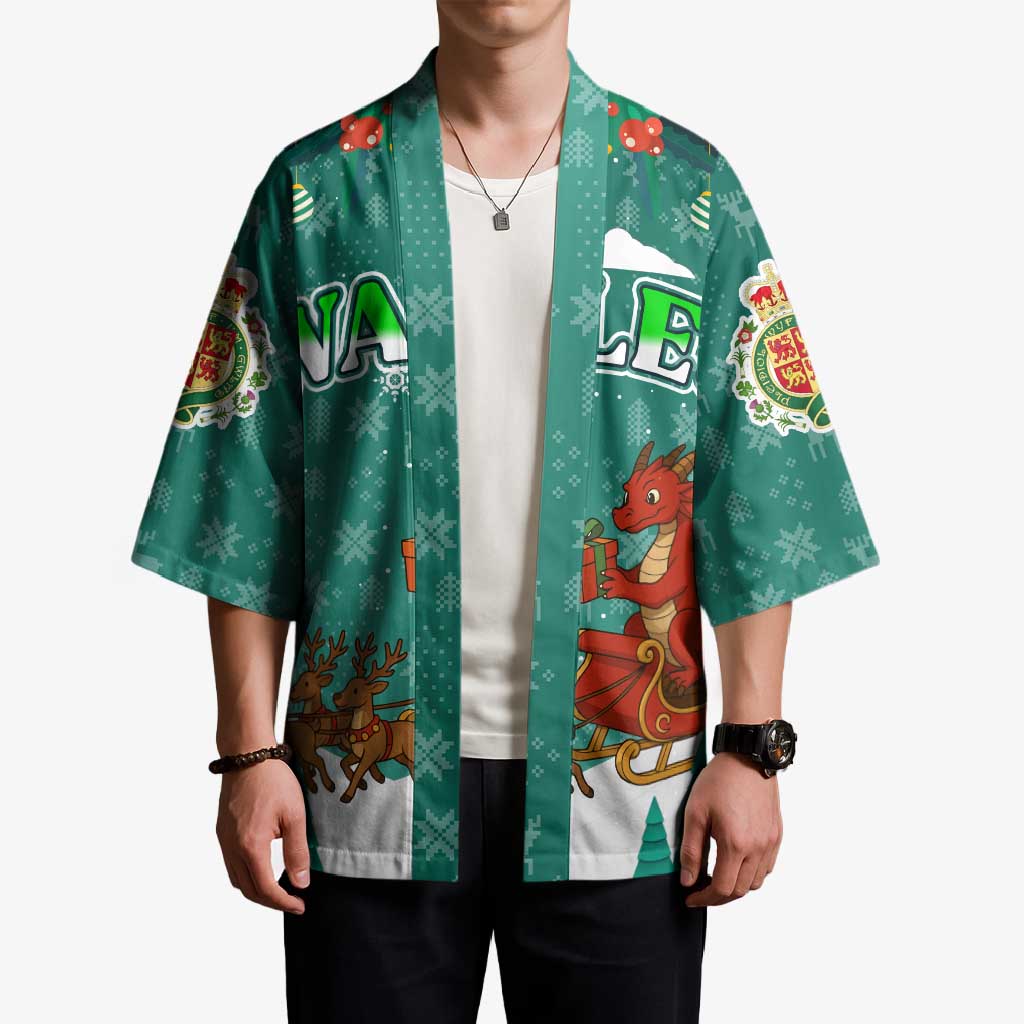 Wales Christmas Kimono with Red Dragon Santa Sleigh and Festive Green Snowflake - Wonder Print Shop