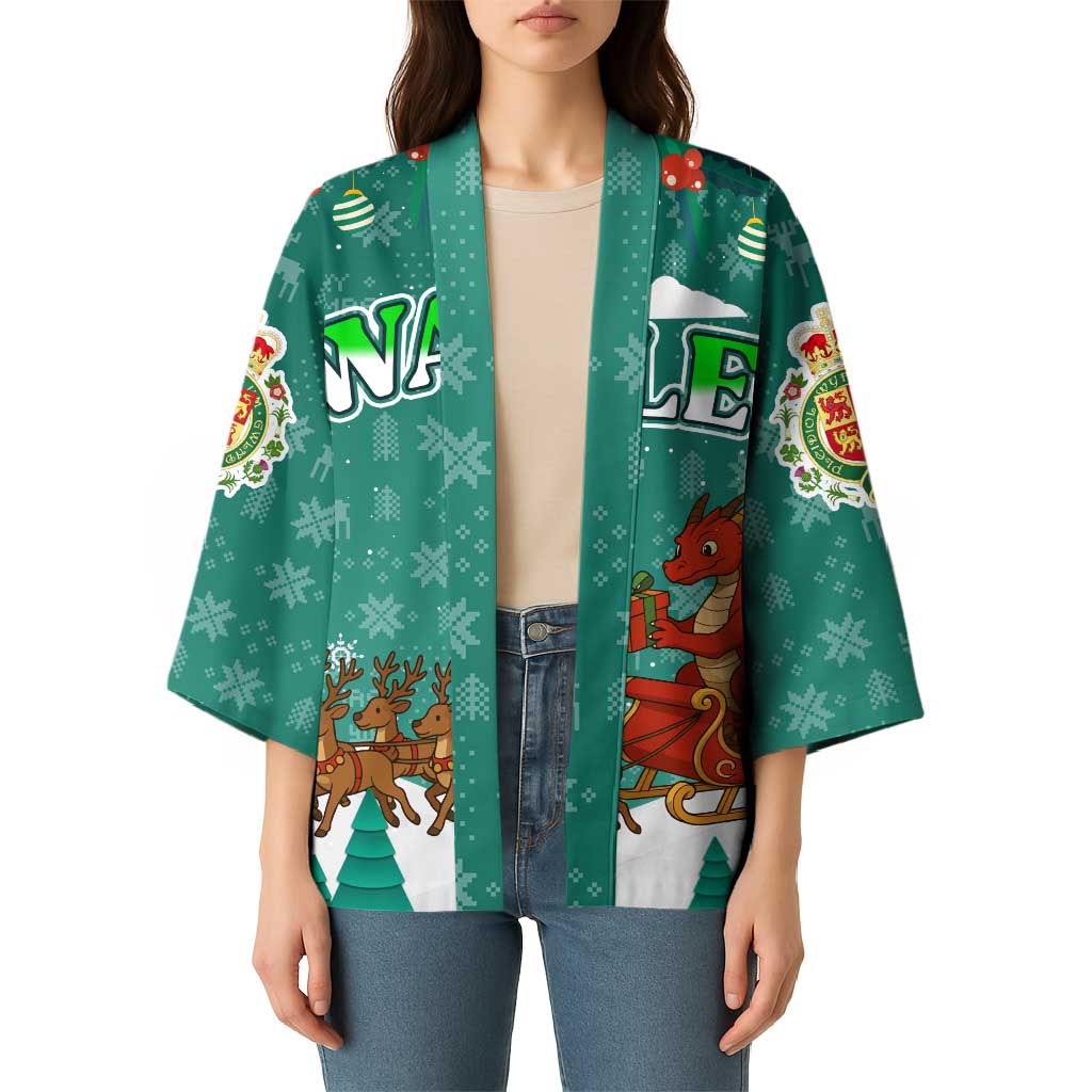 Wales Christmas Kimono with Red Dragon Santa Sleigh and Festive Green Snowflake - Wonder Print Shop
