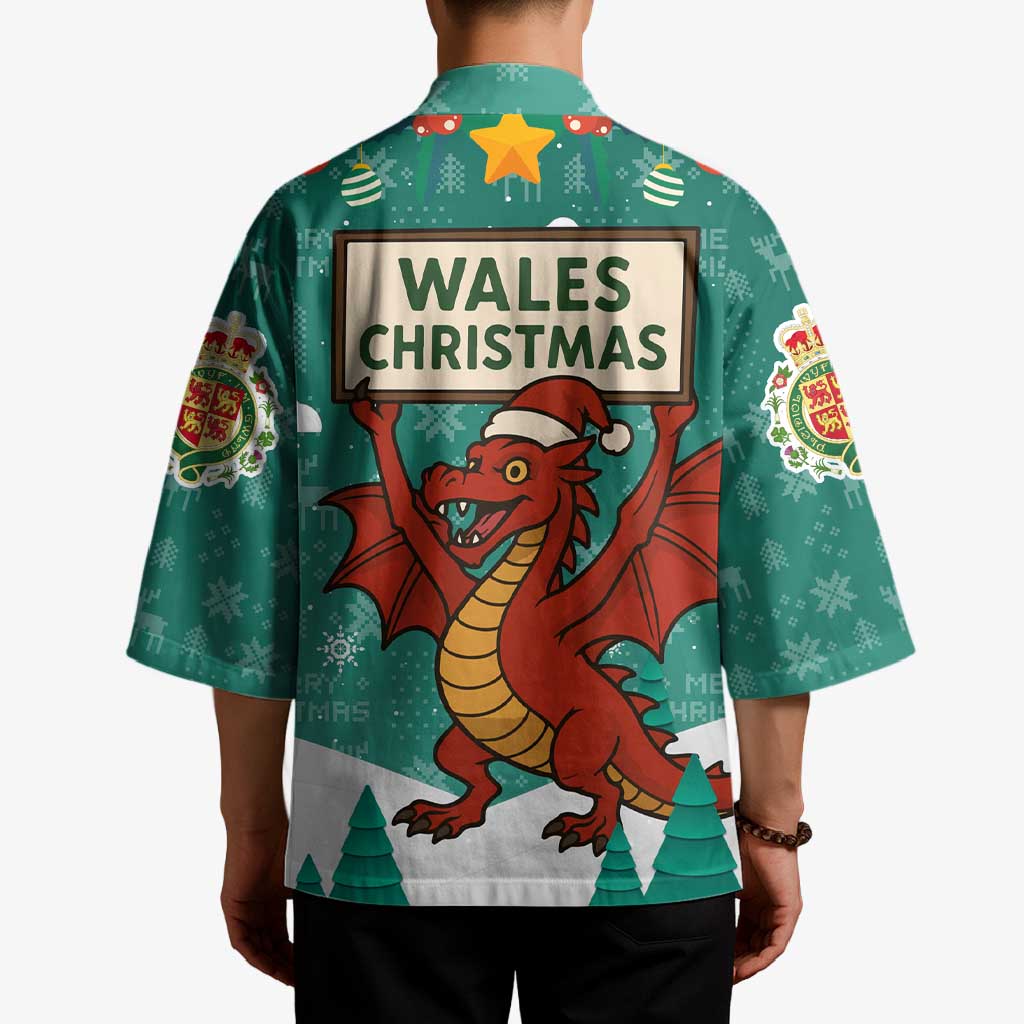 Wales Christmas Kimono with Red Dragon Santa Sleigh and Festive Green Snowflake - Wonder Print Shop