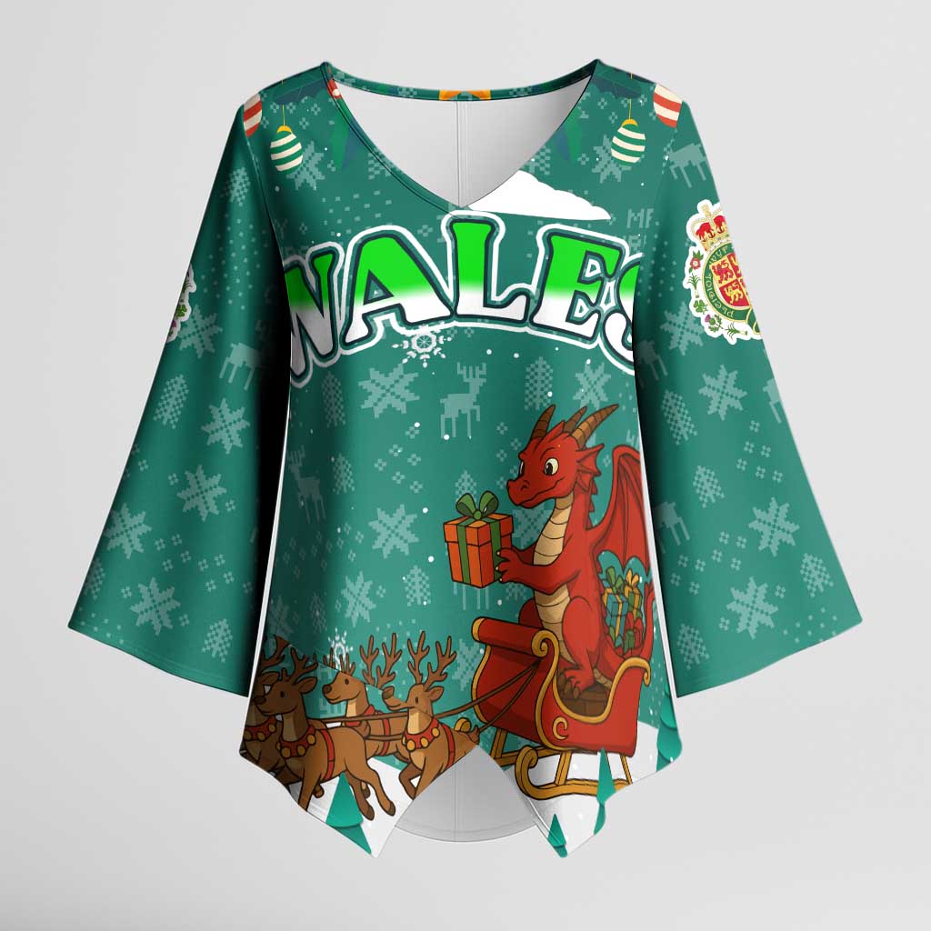 Wales Christmas Kimono Sleeve Blouse with Red Dragon Santa Sleigh and Festive Green Snowflake - Wonder Print Shop