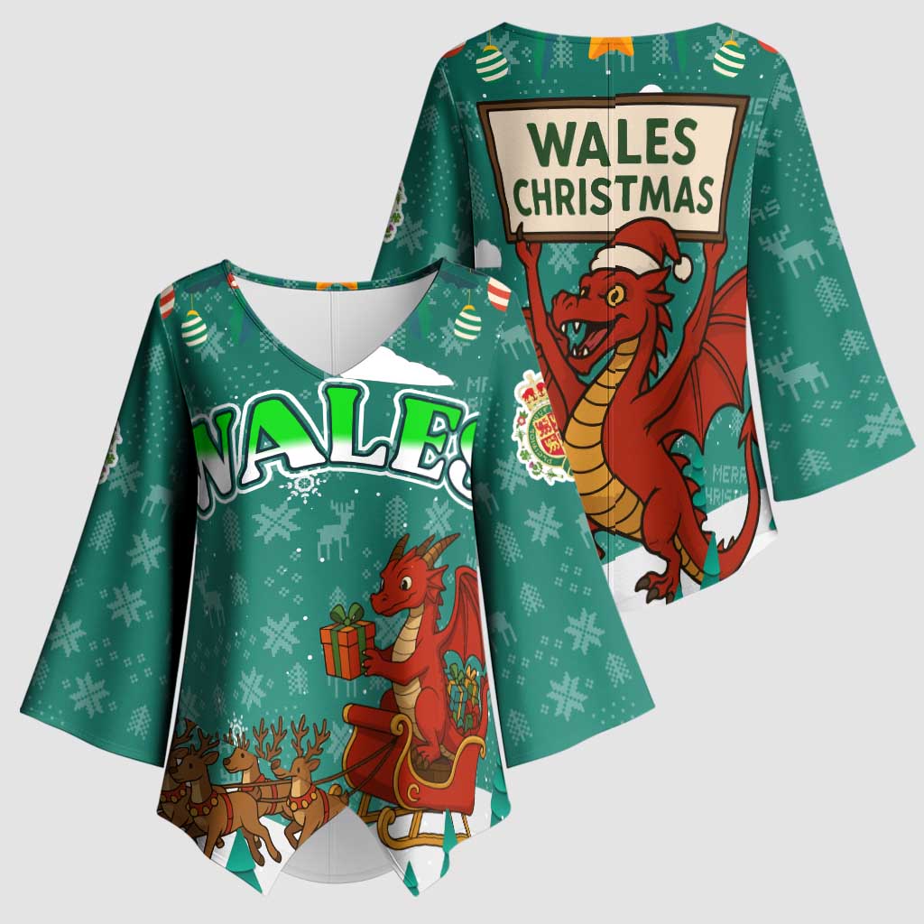 Wales Christmas Kimono Sleeve Blouse with Red Dragon Santa Sleigh and Festive Green Snowflake - Wonder Print Shop