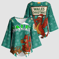 Wales Christmas Kimono Sleeve Blouse with Red Dragon Santa Sleigh and Festive Green Snowflake - Wonder Print Shop