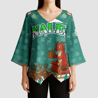 Wales Christmas Kimono Sleeve Blouse with Red Dragon Santa Sleigh and Festive Green Snowflake - Wonder Print Shop