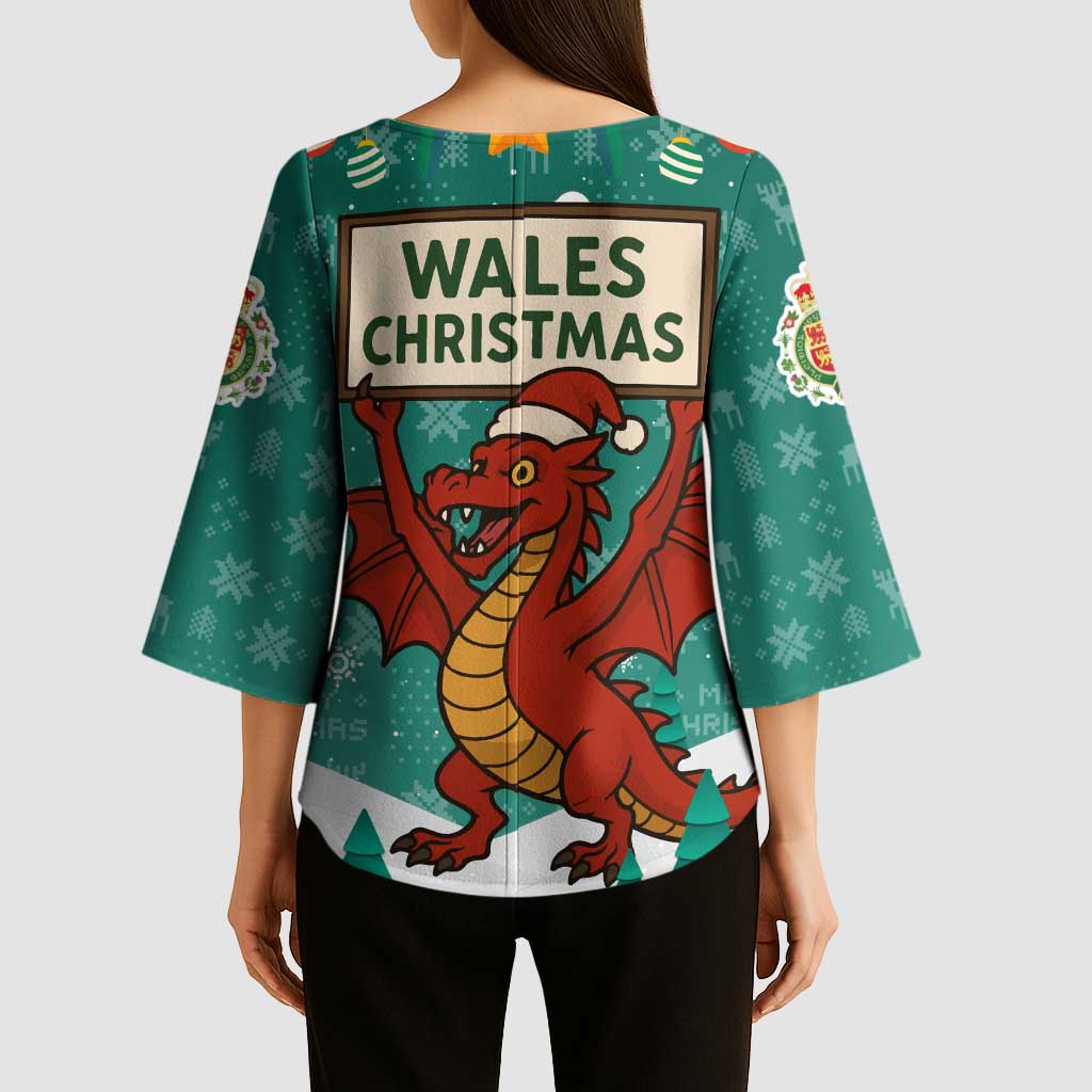 Wales Christmas Kimono Sleeve Blouse with Red Dragon Santa Sleigh and Festive Green Snowflake - Wonder Print Shop
