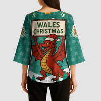 Wales Christmas Kimono Sleeve Blouse with Red Dragon Santa Sleigh and Festive Green Snowflake - Wonder Print Shop