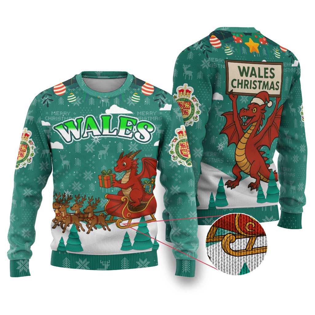 Wales Christmas Ugly Christmas Sweater with Red Dragon Santa Sleigh and Festive Green Snowflake - Wonder Print Shop