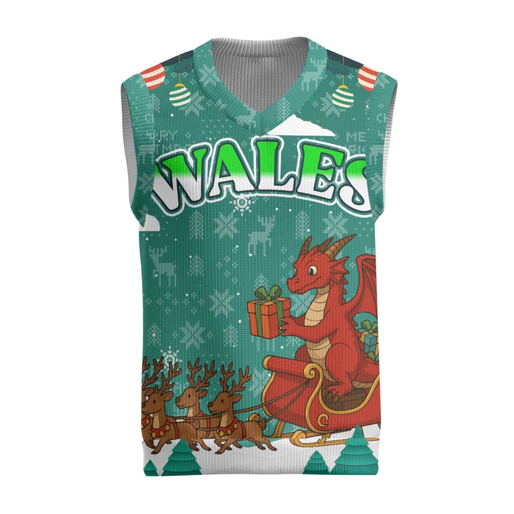 Wales Christmas Knitted V-Neck Vest with Red Dragon Santa Sleigh and Festive Green Snowflake - Wonder Print Shop